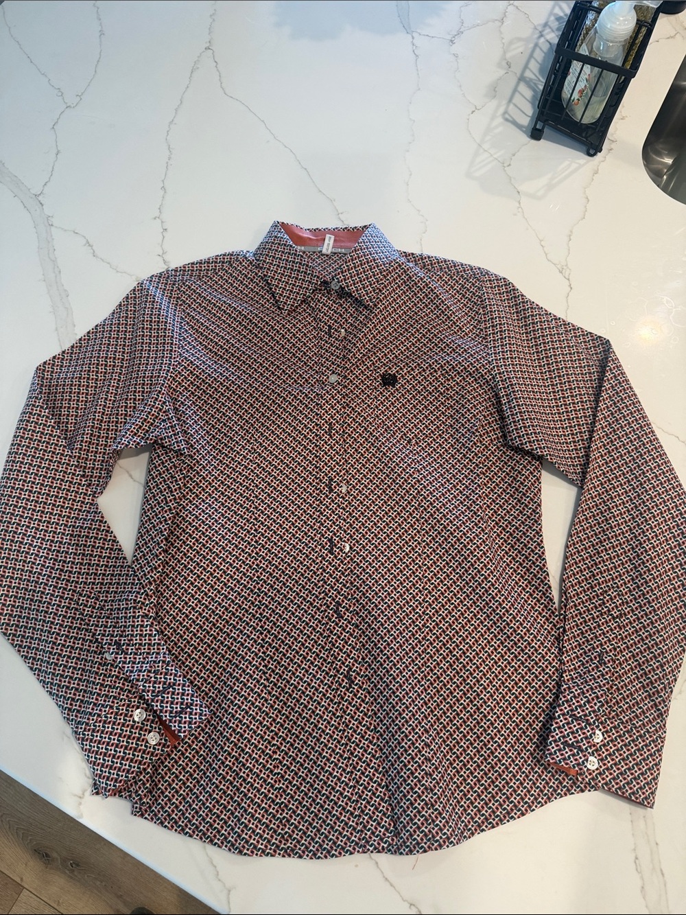 Cinch Long-Sleeve Button-Down Shirt in Red and Black Geometric Print